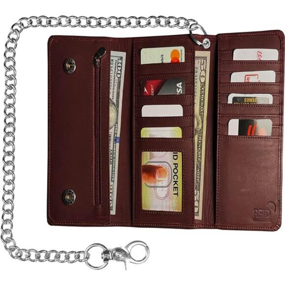 Men’s Trucker Biker Metal Chain Wallets, Oxblood - Picture 2 of 7